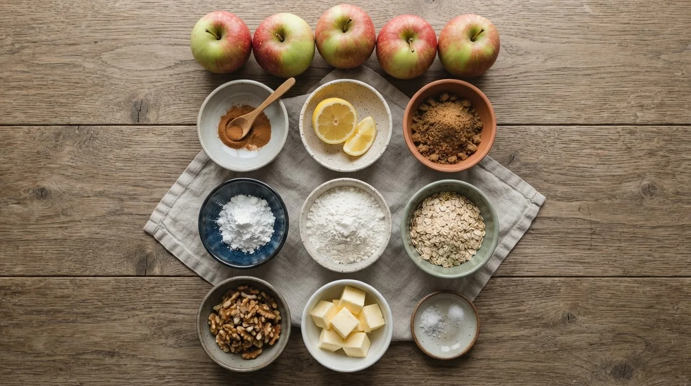 Ingrediënten voor vegan appelcrumble in kleine keramische schaaltjes op een houten tafel: rood-groene Elstar-appels, citroen, kaneel, bruine suiker, maïzena, bloem, havermout, walnoten, blokjes koude plantaardige boter en zout