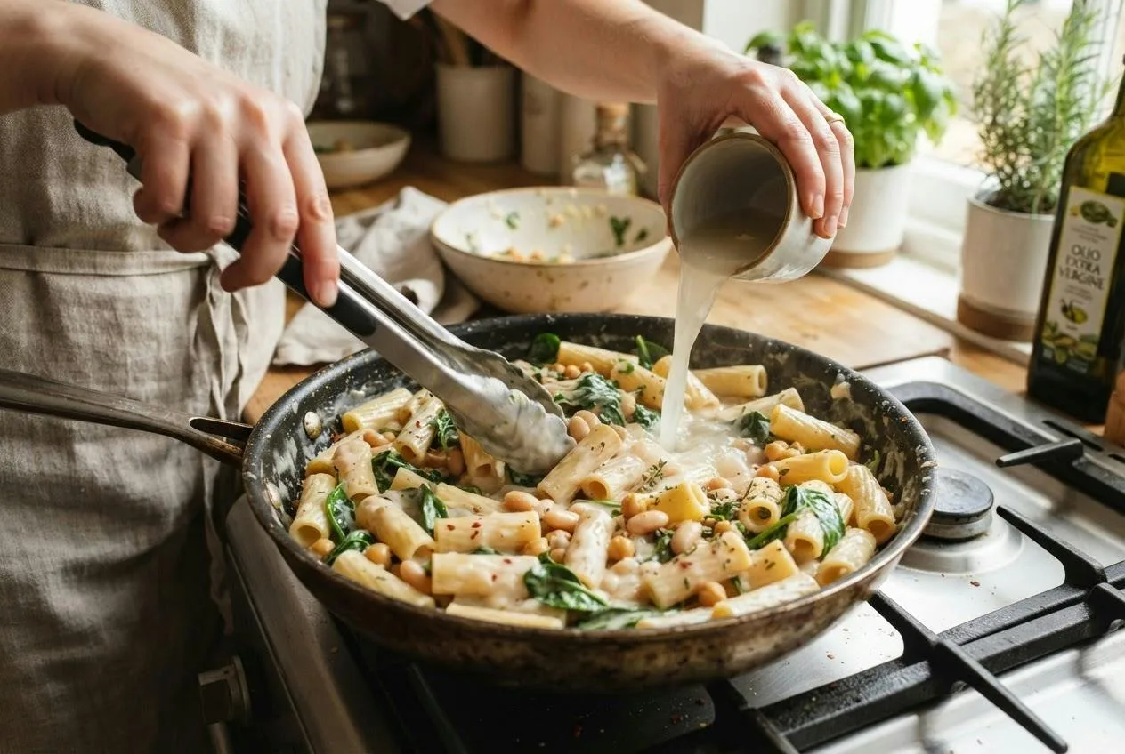 Pasta wordt met een tang door de romige bonensaus geschept terwijl er pastawater bij gaat