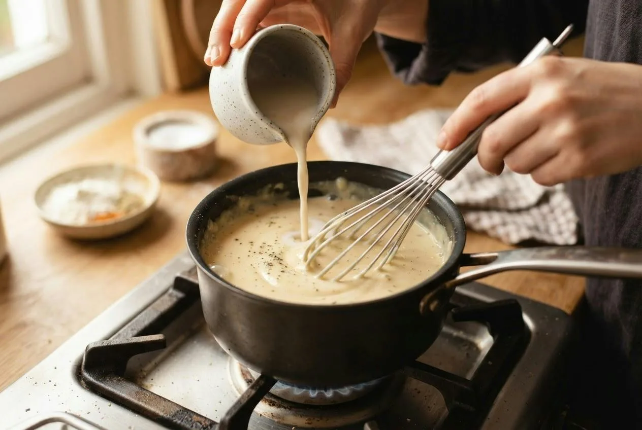 Pannetje romige vegan kaassaus wordt geroerd terwijl er havermelk bij gaat