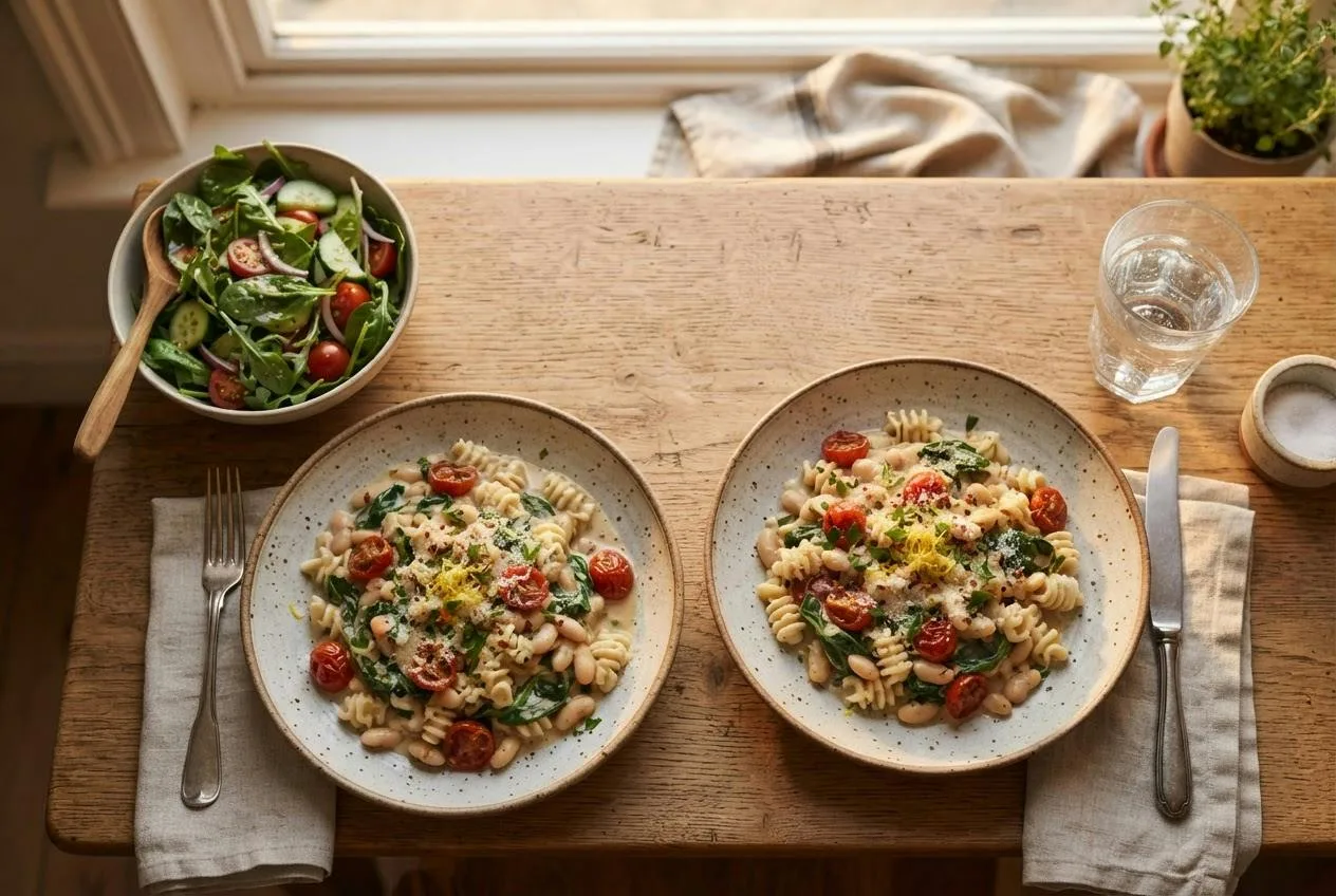 Twee borden witte bonenpasta met spinazie, geserveerd met een groene salade