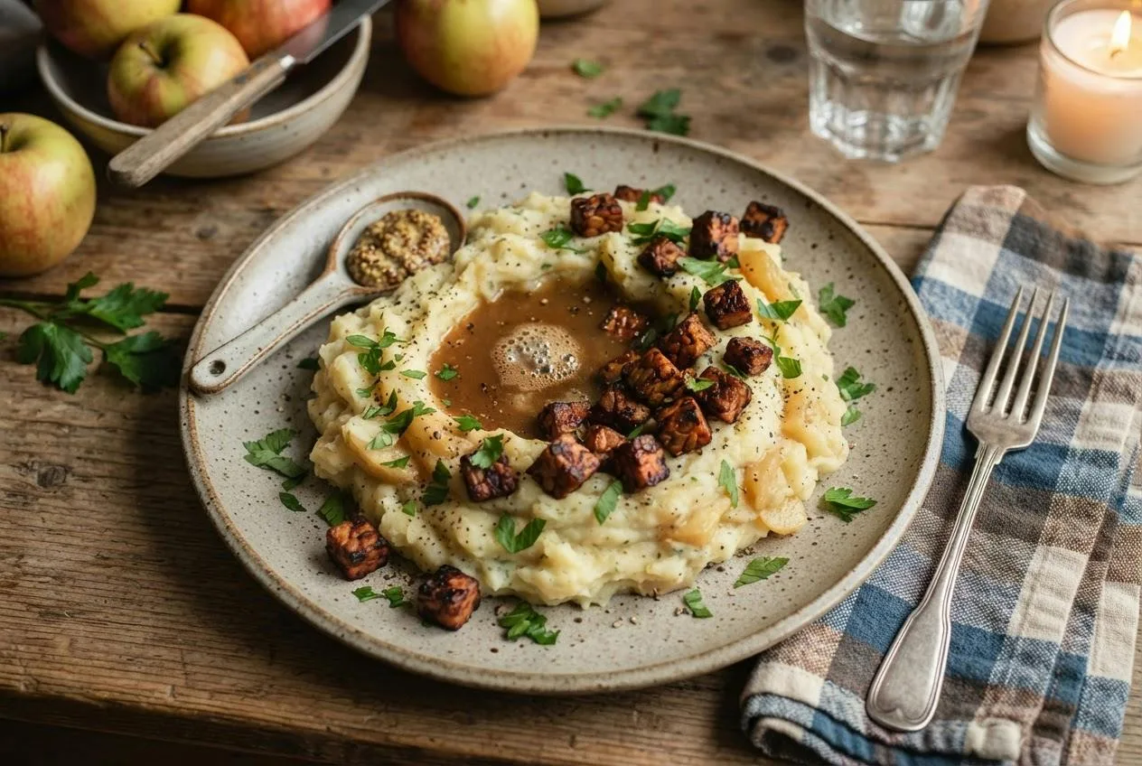 Bord vegan hete bliksem met jus, krokante tempeh en grove mosterd