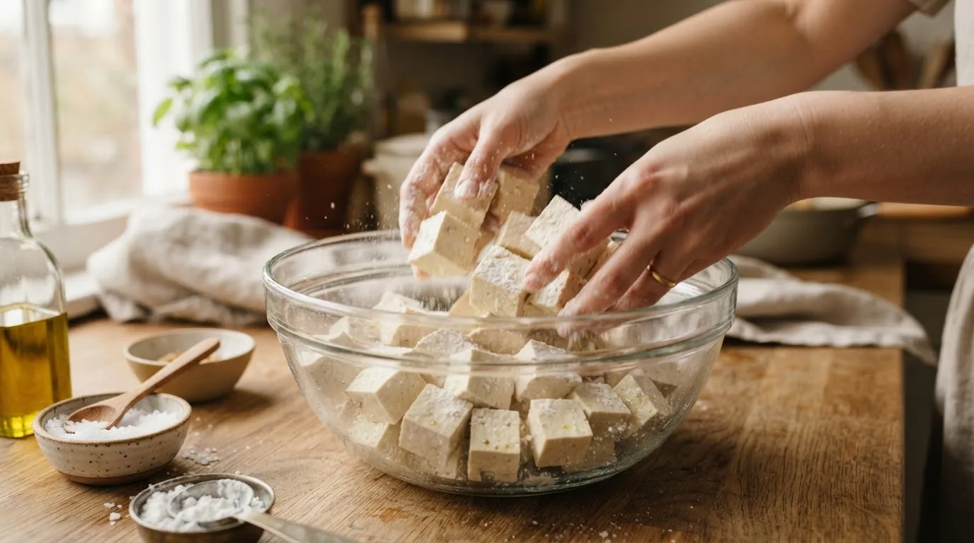 Handen hussen blokjes stevige tofu met maizena, olie en zout in een grote glazen kom, de blokjes gelijkmatig bedekt met een dun wit laagje