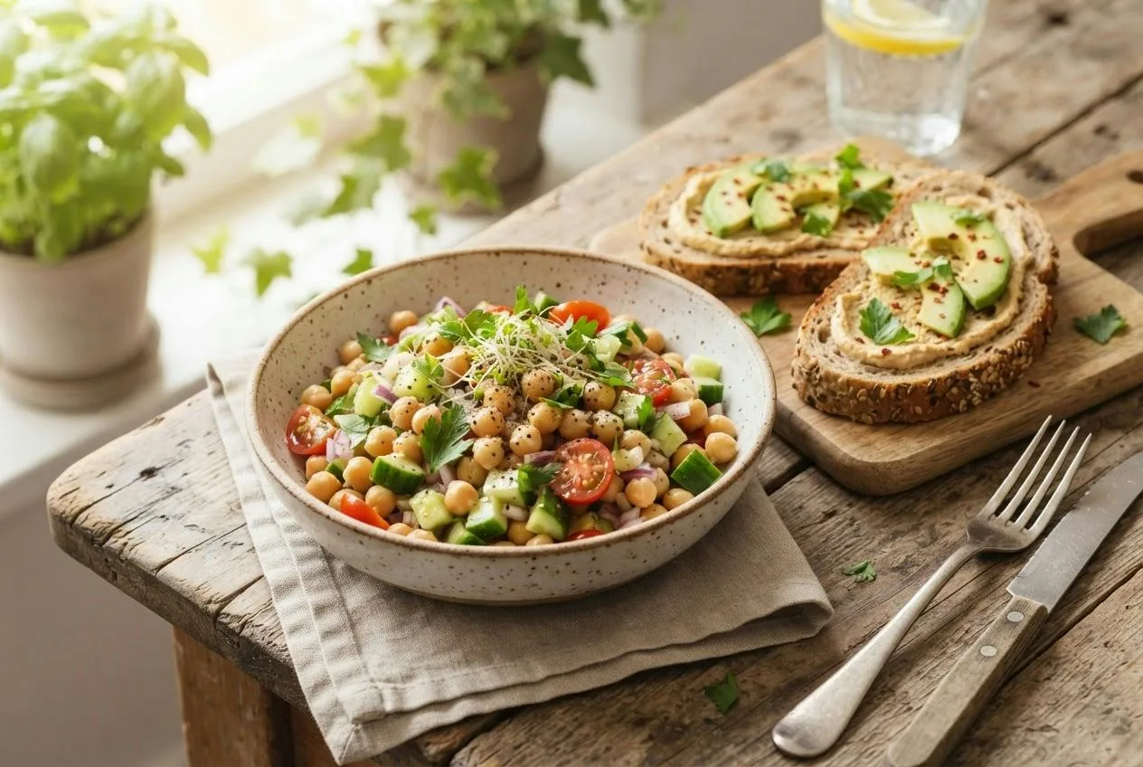 Kikkererwtensalade met komkommer en tomaat naast twee sneetjes volkorenbrood