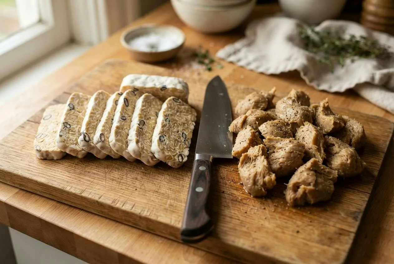 Plakken tempeh en stukken seitan op een houten snijplank