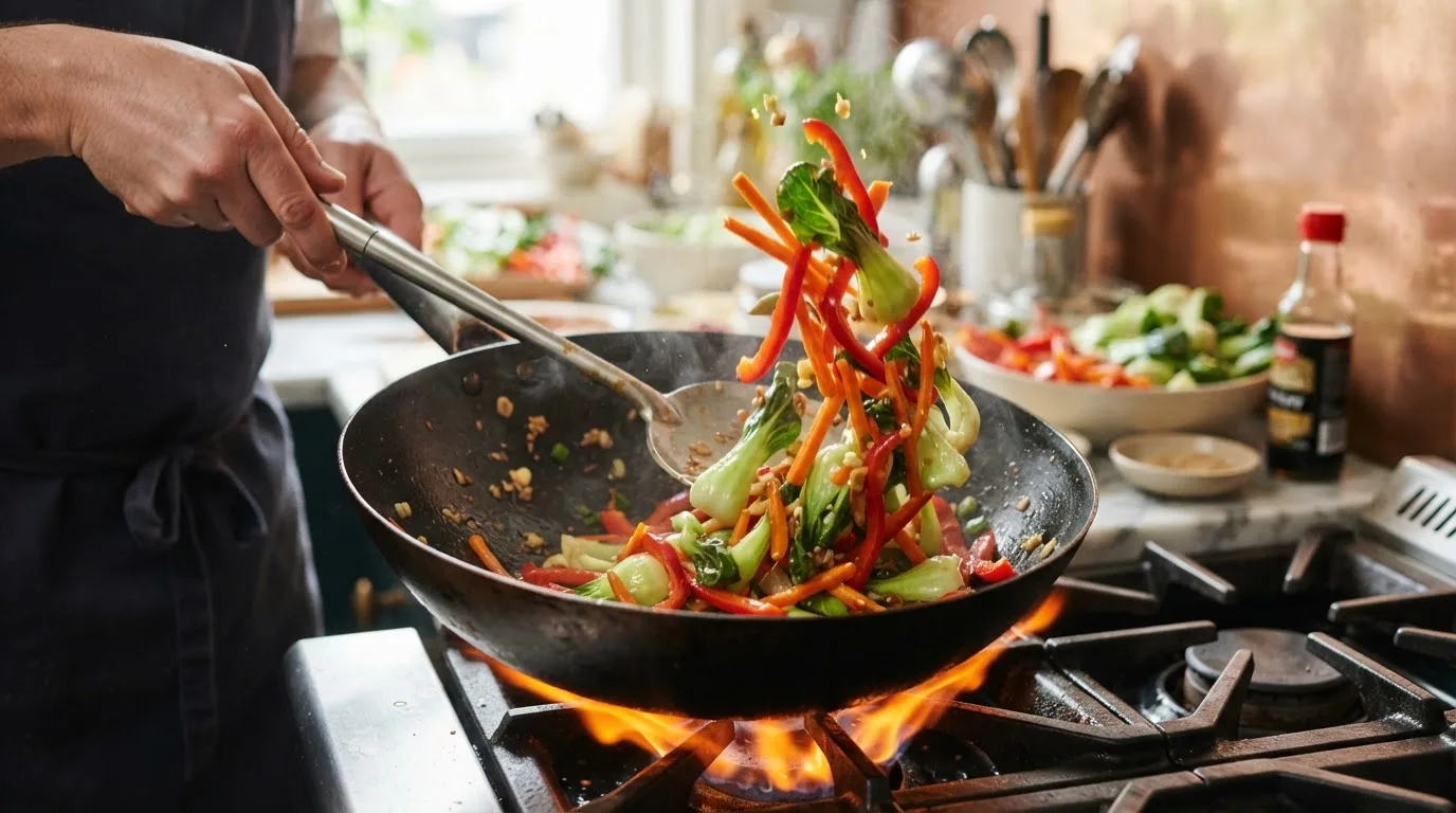 Dunne reepjes rode paprika, wortel en gesneden paksoi worden op hoog vuur geroerbakt in een grote anti-aanbakwok, de groenten nog fel van kleur en knapperig