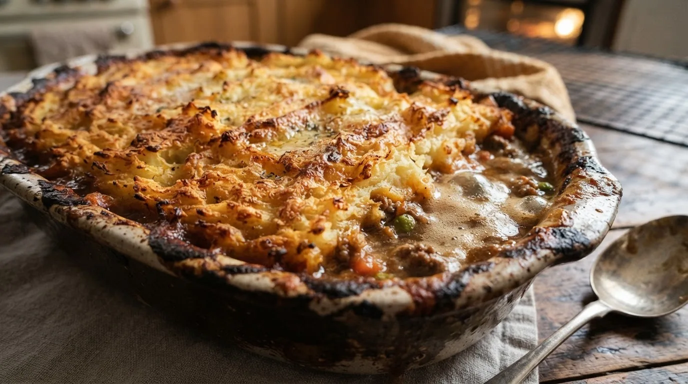 Close-up van een goudbruine, krokante aardappelkorst met donkere randjes op een ovenschotel, met borrelende jus aan de zijkant