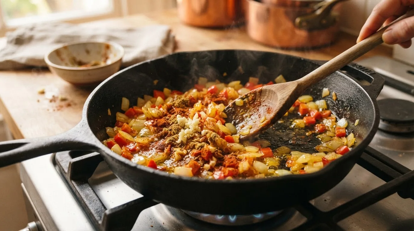 Fijngesneden ui en rode paprika worden zacht in olijfolie in een gietijzeren koekenpan, met knoflook en gemalen komijn en gerookte paprika net toegevoegd