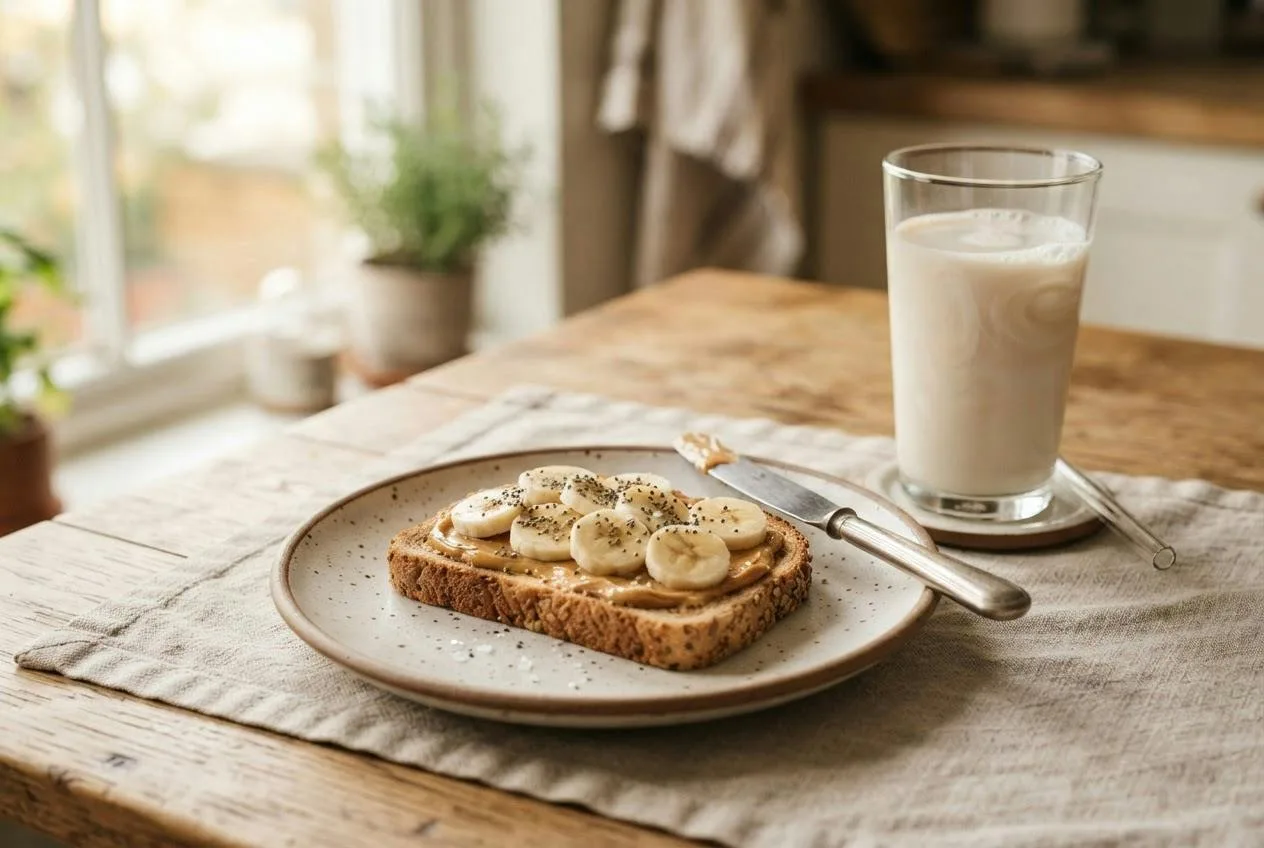 Volkoren toast met pindakaas naast een glas sojamelk