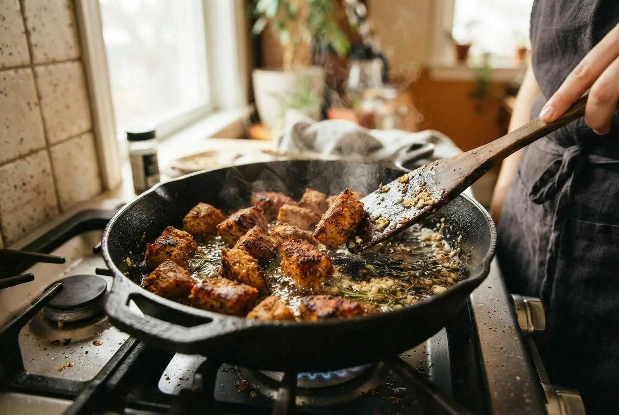 Seitan wordt goudbruin aangebraden in een gietijzeren pan