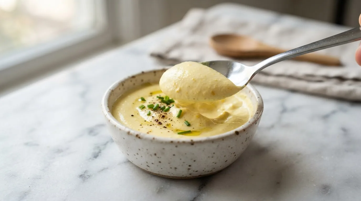 Zijden tofu gemengd met kurkuma in een kommetje, een gladde lichtgele crème, met een lepel die er een ronde portie uitschept