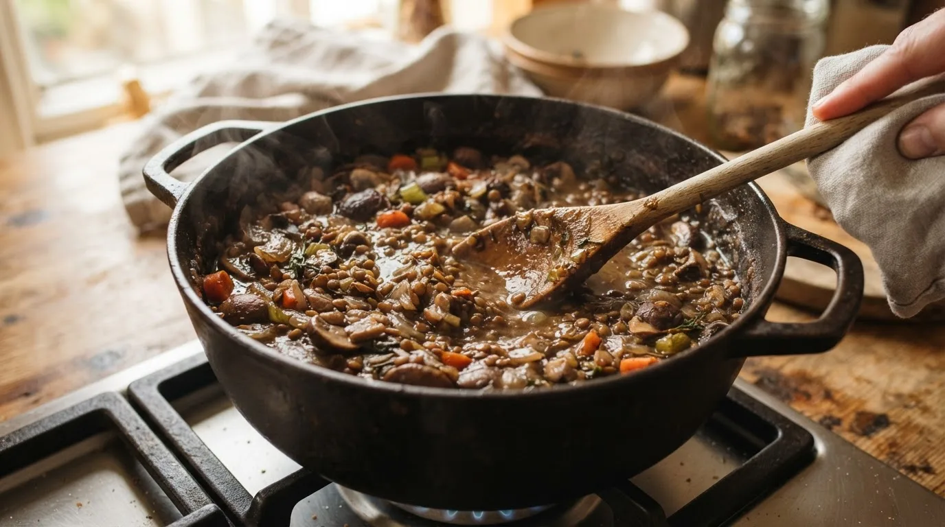 Dikke, donkere champignon-linzenstoofpot met gebruinde uien in een gietijzeren braadpan, een houten lepel trekt een duidelijk spoor door de jus