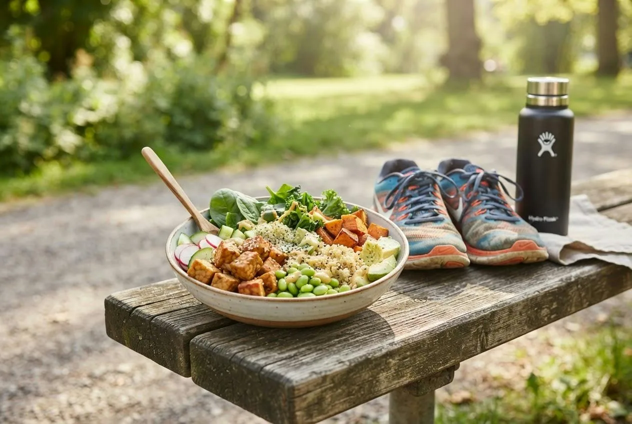 Vegan maaltijd na het sporten met tempeh, quinoa en edamame naast hardloopschoenen