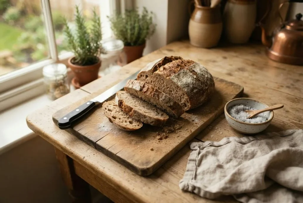 Gesneden volkorenbrood op een houten plank naast een schaaltje zout