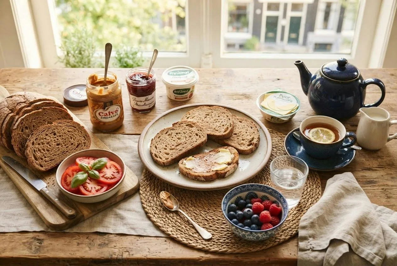 Vegan ontbijttafel met volkorenbrood, pindakaas, jam en tomaat