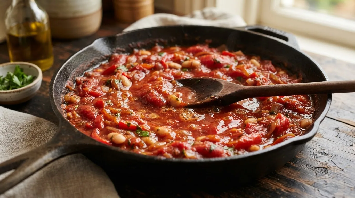 Dikke rode tomaten-paprikasaus met witte bonen pruttelt zonder deksel in een gietijzeren pan, een houten lepel trekt een duidelijk spoor dat langzaam dichtloopt
