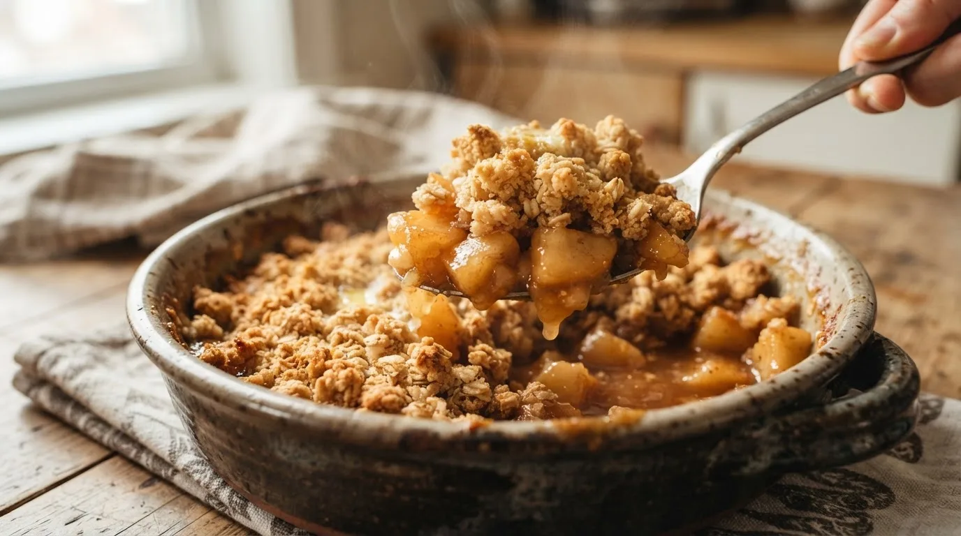 Een grote lepel schept een portie warme appelcrumble uit een keramische ovenschaal, met zachte appelstukjes, dik sap en een knapperige goudbruine crumble erbovenop