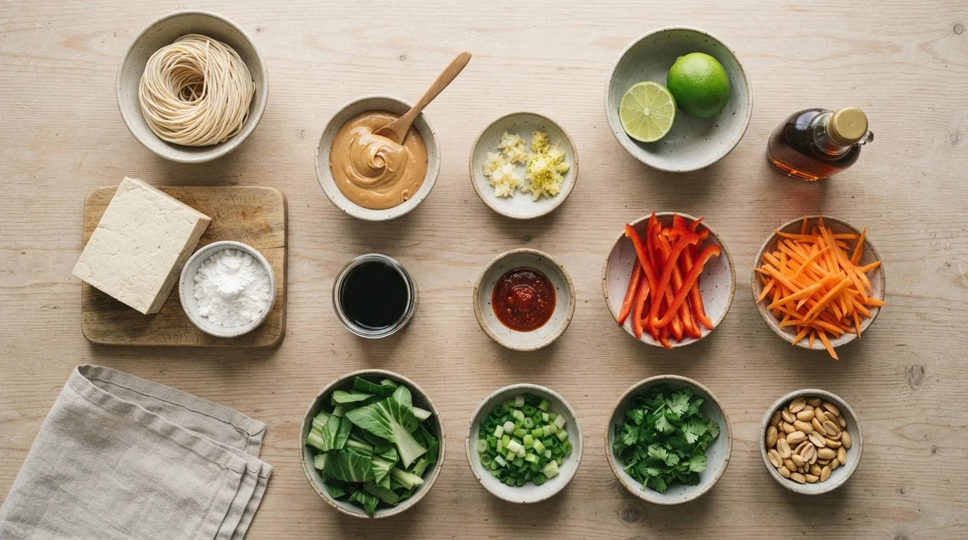 Ingrediënten voor pindanoedels in keramische schaaltjes op een houten tafel: noedels, tofu, pindakaas, sojasaus, limoenen, ahornsiroop, knoflook, gember, sambal, paprika, wortels, paksoi, lente-ui, koriander, pinda's en maizena
