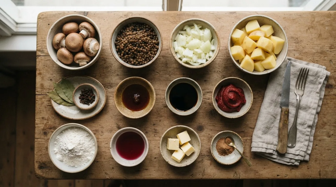 Ingrediënten voor vegan jachtschotel in keramische schaaltjes op een houten tafel: champignons, bruine linzen, uien, aardappelen, laurier, kruidnagel, appelstroop, sojasaus, tomatenpuree, bloem, azijn, plantaardige boter en nootmuskaat