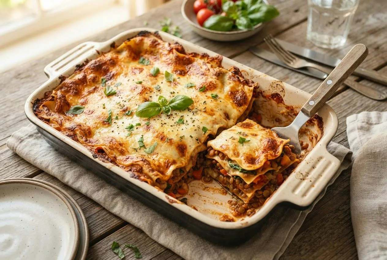 Vegan lasagne in een ovenschaal met een goudbruine gesmolten kaaslaag