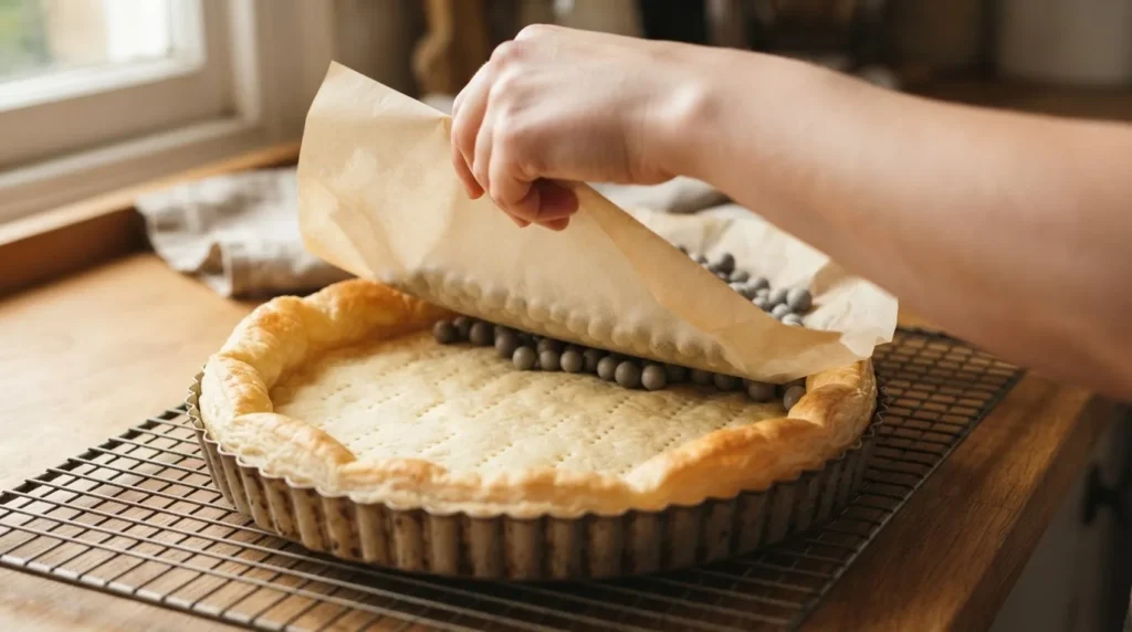 Een hand tilt bakpapier met keramische bakgewichten uit een blind gebakken bladerdeegbodem in een ronde metalen taartvorm