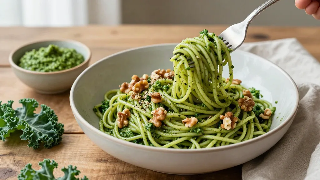 Diep bord spaghetti met heldergroene boerenkoolpesto en geroosterde walnoten, met een vork die spaghetti opdraait en een schaaltje pesto ernaast