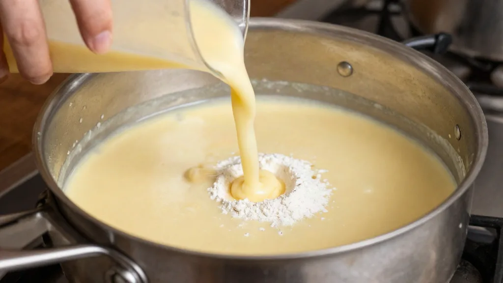 Bouillon wordt in een steelpan met lichte, romige saus voor de champignonragout geschonken