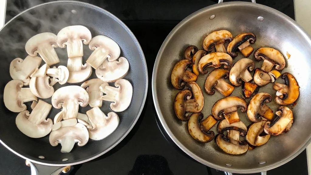 Bleke champignons in een volle kleine pan naast goudbruin gebakken champignons in een ruime pan