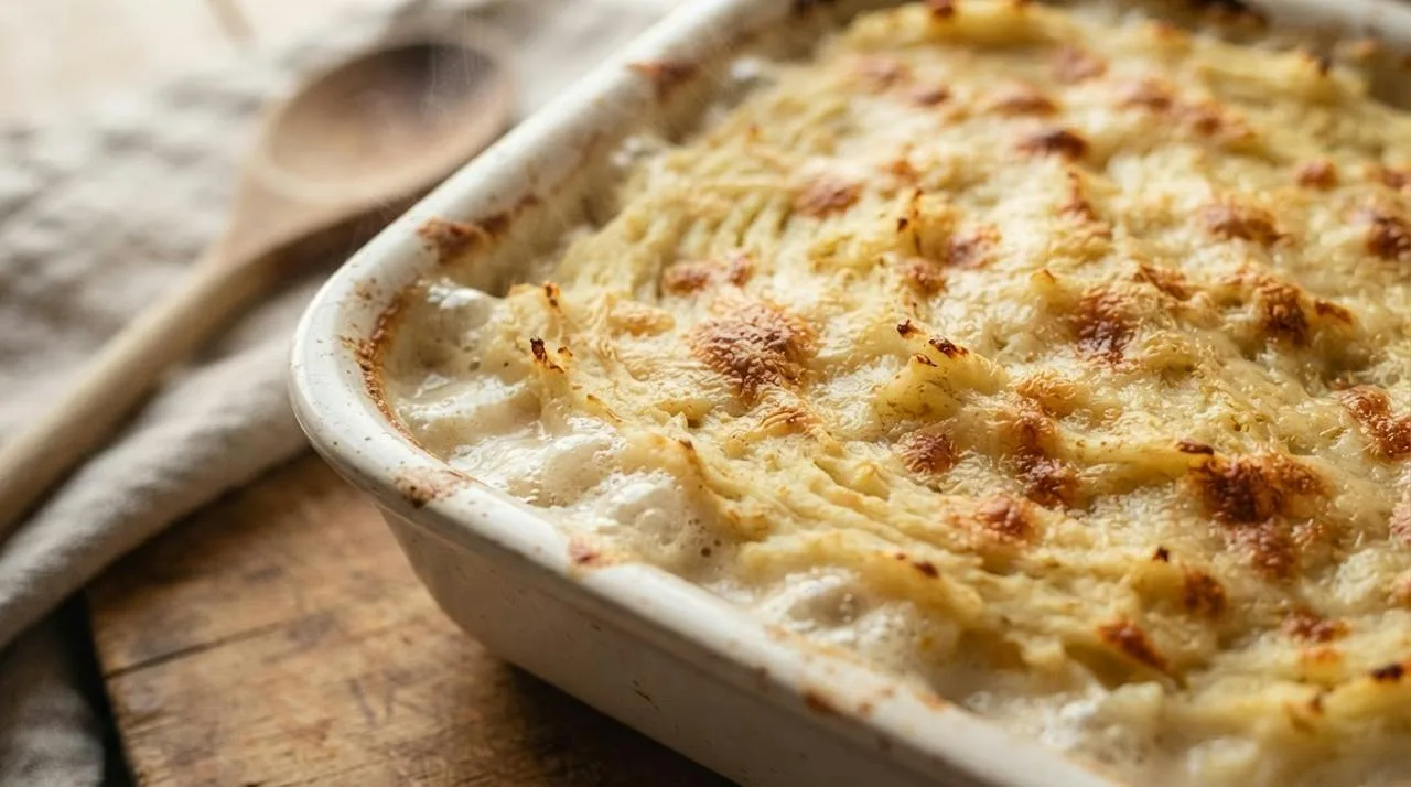 Close-up van de hoek van een ovenschaal met witlofovenschotel net uit de oven: puree met goudbruine ribbels, gesmolten vegan kaas en saus die borrelt langs de rand