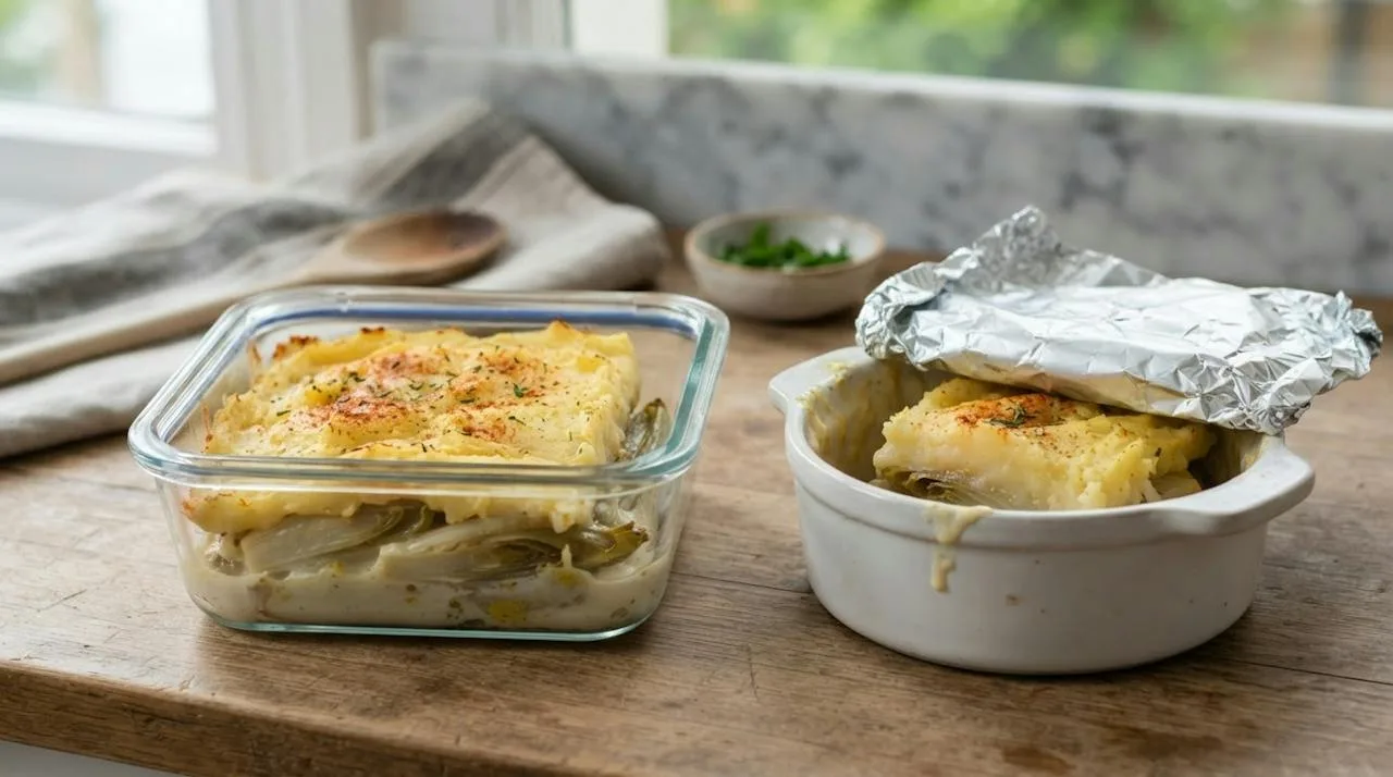 Restjes vegan witlofovenschotel in een glazen bak met deksel, naast een klein ovenschaaltje met een portie onder losse aluminiumfolie om op te warmen