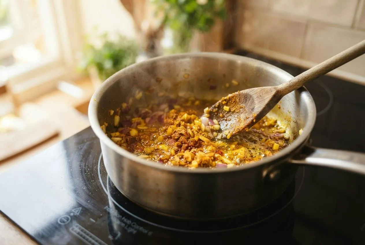 Ui, knoflook, gember en specerijen worden aangebakken in een rvs-steelpan