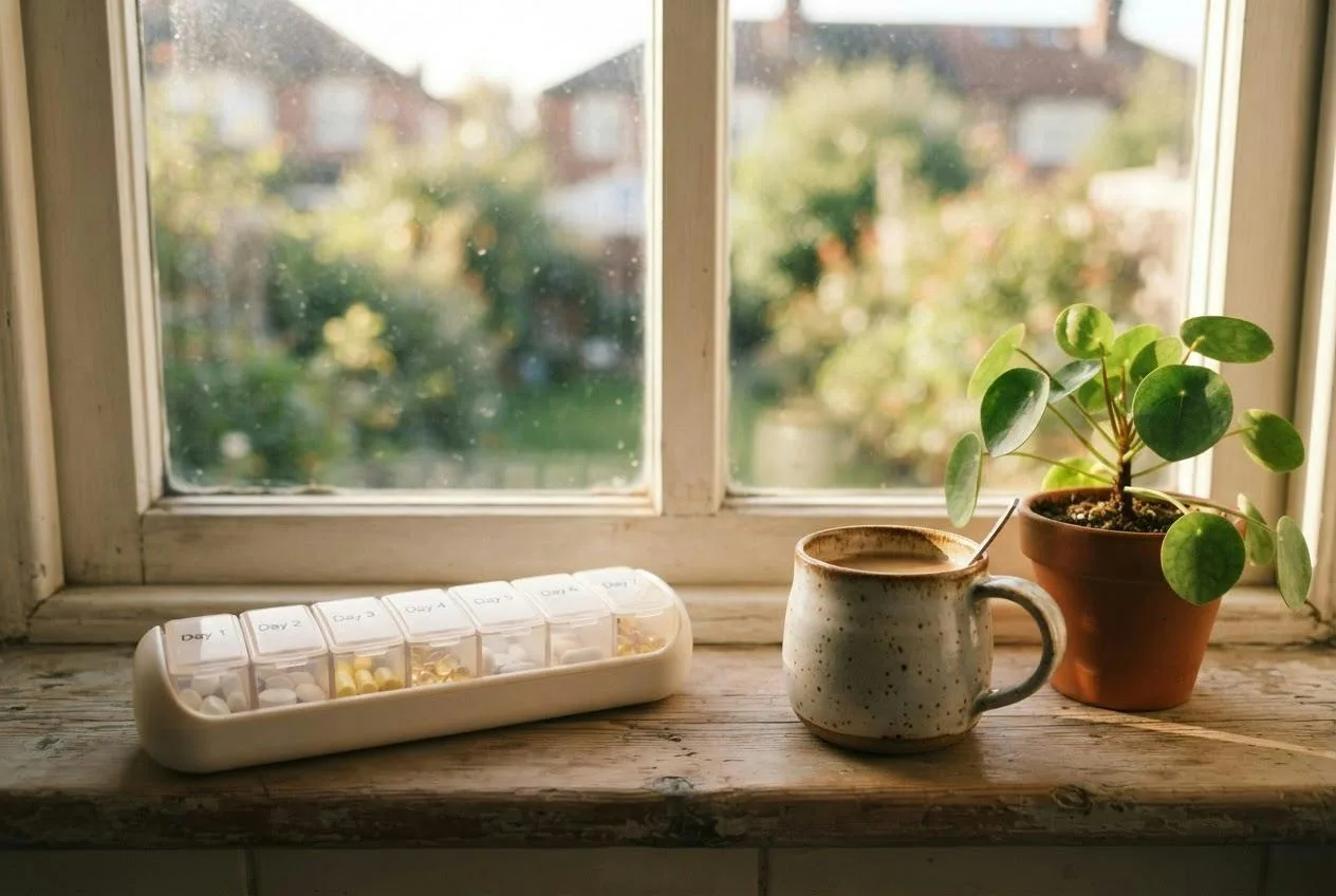 Pillendoos met zeven vakjes naast een koffiemok en een plantje op de vensterbank