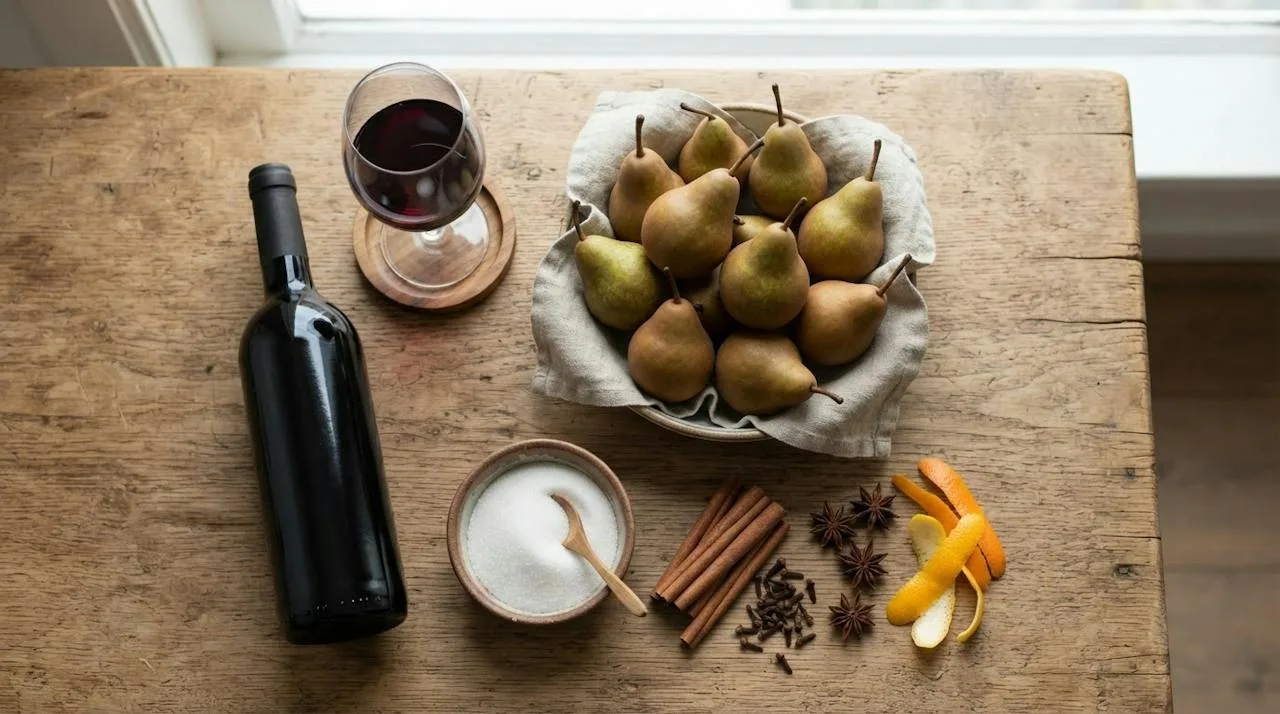 Ingrediënten voor stoofpeertjes op een houten ondergrond: kleine stevige stoofperen met steel, een fles rode wijn zonder etiket, kristalsuiker, kaneelstokjes, kruidnagels, steranijs en reepjes sinaasappel- en citroenschil