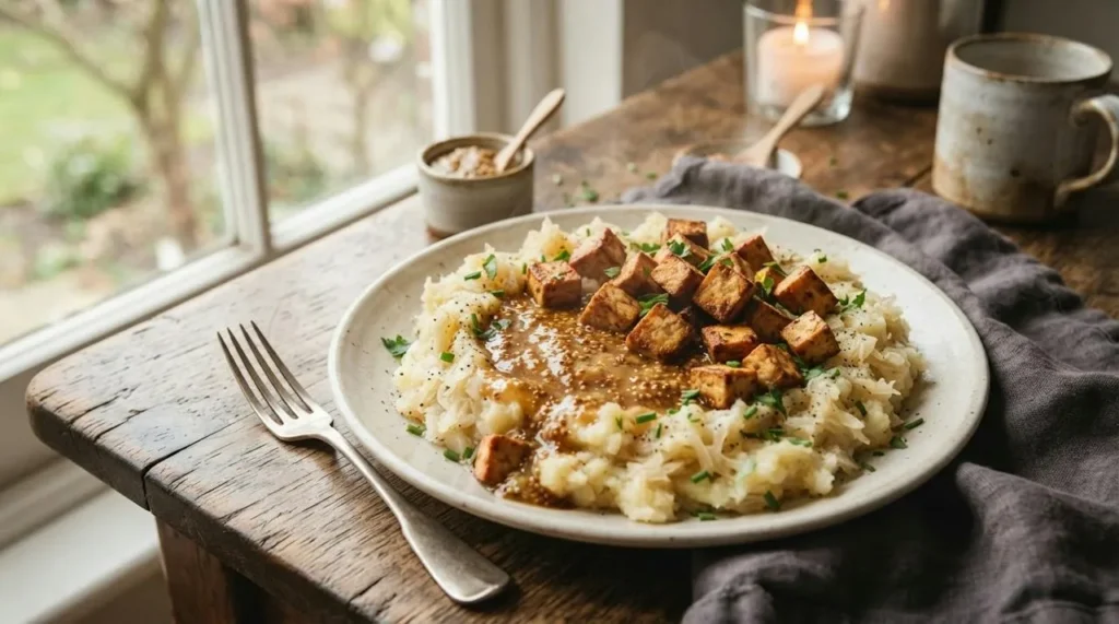 Bord vegan zuurkoolstamppot met grove, romige aardappelpuree en slierten zuurkool, een kuiltje glanzende mosterdjus en goudbruine krokante blokjes gerookte tofu