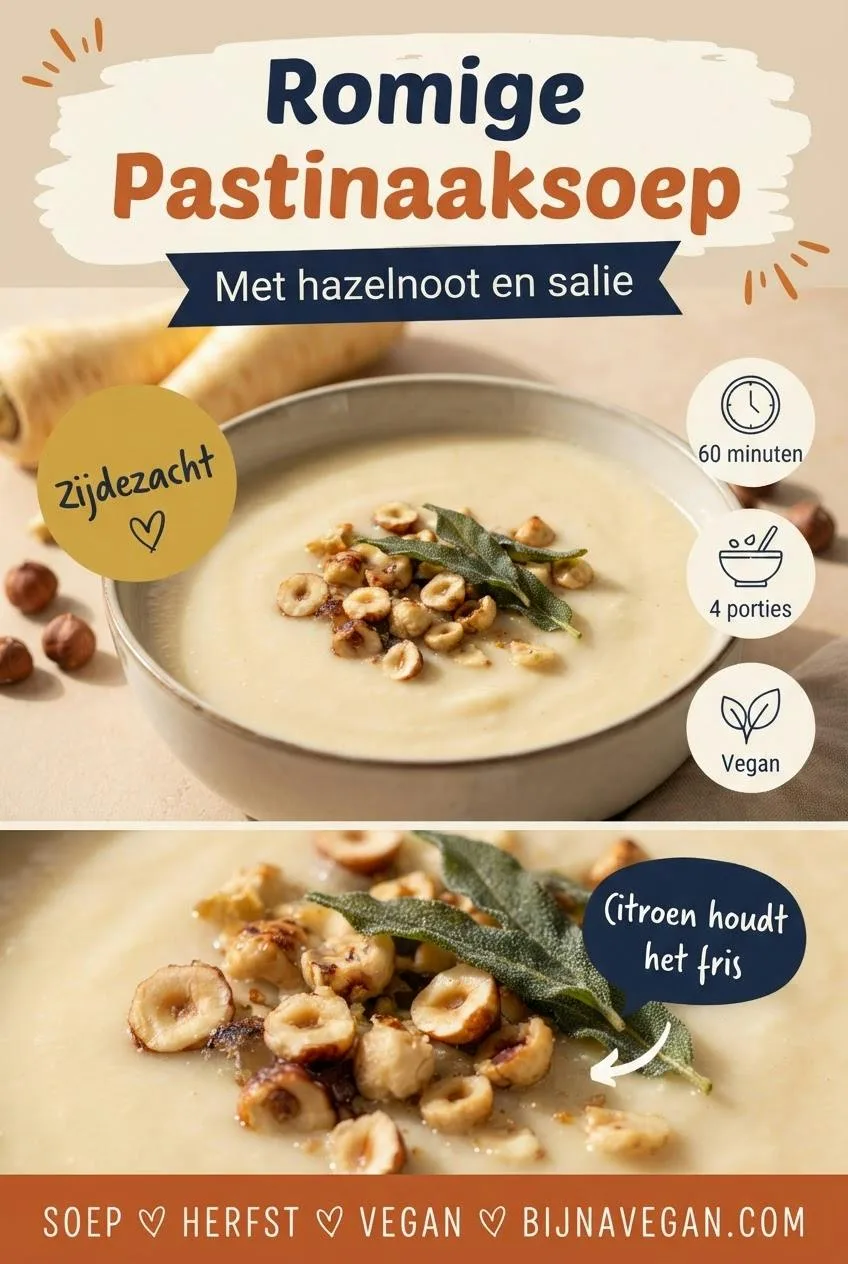 Pinterest-pin voor romige pastinaaksoep met hazelnoot en salie, met een kom soep, badges voor 60 minuten, 4 porties en vegan, en een close-up van hazelnoten en salie