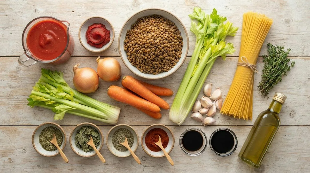 Ingrediënten voor linzenbolognese op een houten ondergrond: uitgelekte bruine linzen, passata, tomatenpuree, ui, wortel, bleekselderij, knoflook, spaghetti, gedroogde kruiden, sojasaus, balsamico en olijfolie