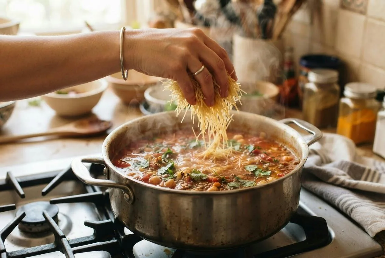 Vermicelli wordt toegevoegd aan een pan pruttelende harira