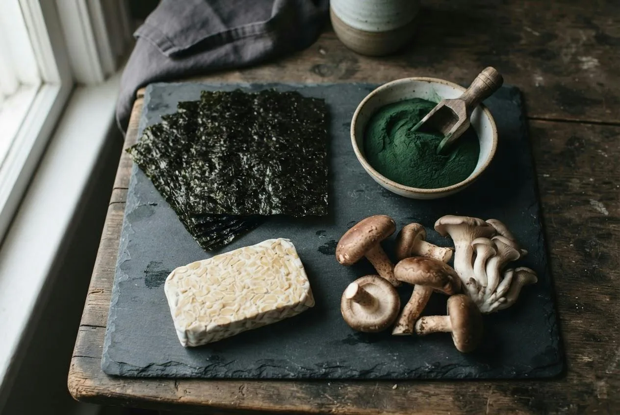 Velletjes nori, een kommetje spirulinapoeder, verse paddenstoelen en een blok tempé op een donkere leisteen plank