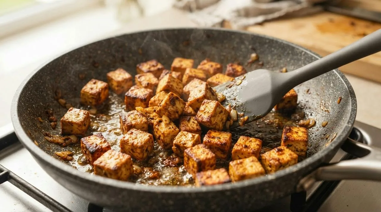 Close-up van blokjes gerookte tofu in een anti-aanbakpan, goudbruin en licht krokant aan de buitenkant, met een siliconen spatel