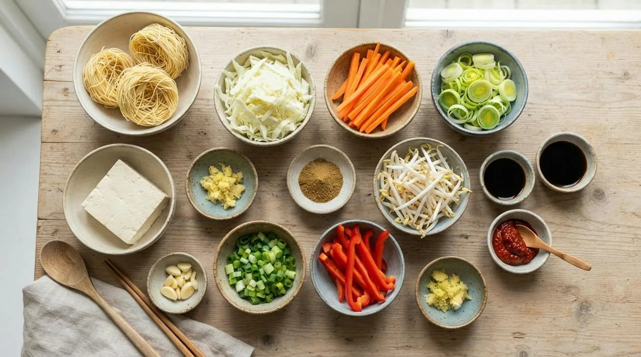 Ingrediënten voor vegan bami goreng in kommetjes: mie, tofu, witte kool, wortel, prei, taugé, paprika, lente-ui, knoflook, gember, ketjap, sojasaus, sambal en koriander
