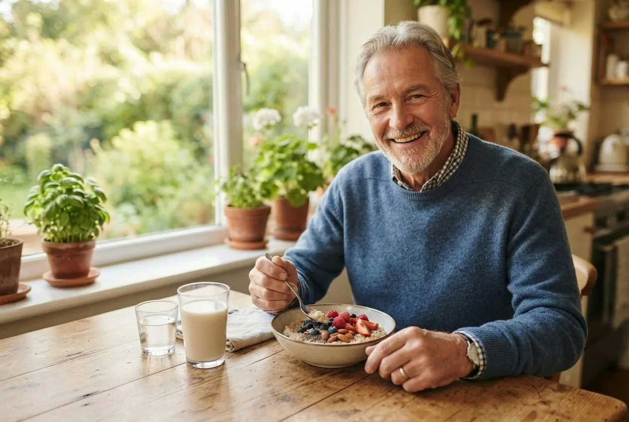 Oudere man aan een zonnige keukentafel met havermout en een glas plantaardige melk