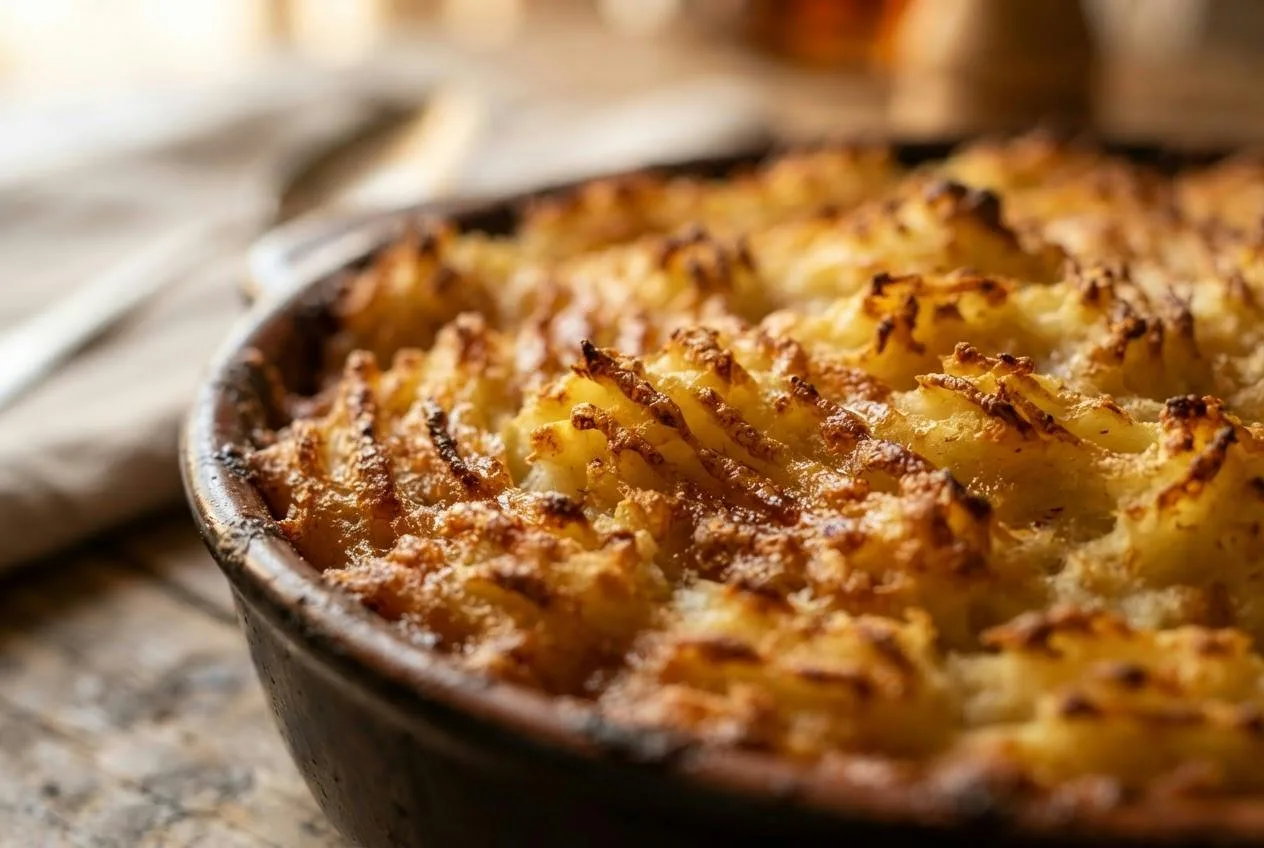 Close-up van een goudbruine, krokante korst van aardappelpuree met ribbels