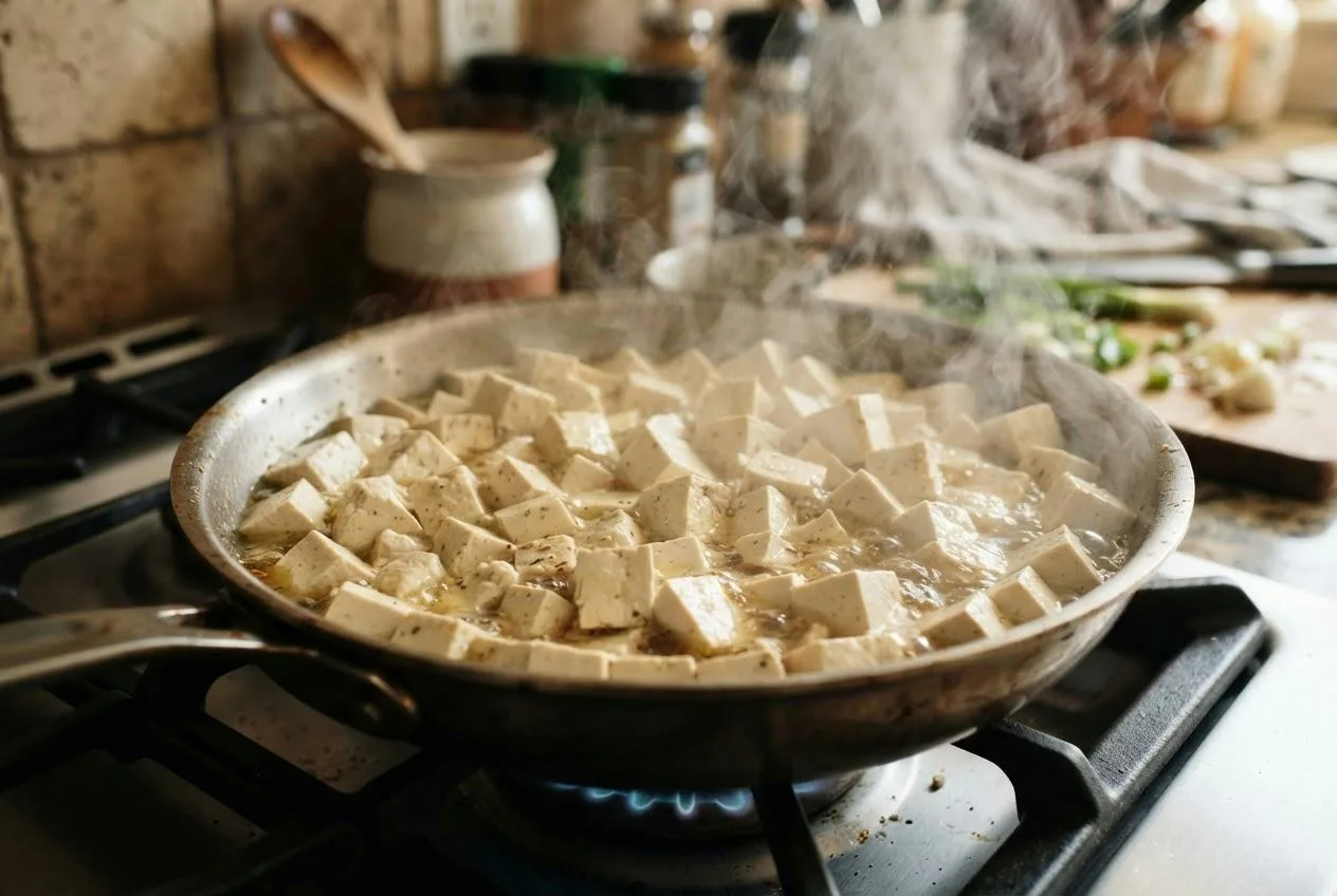 Overvolle koekenpan met bleke, natte tofublokjes, stoom en vocht in de pan