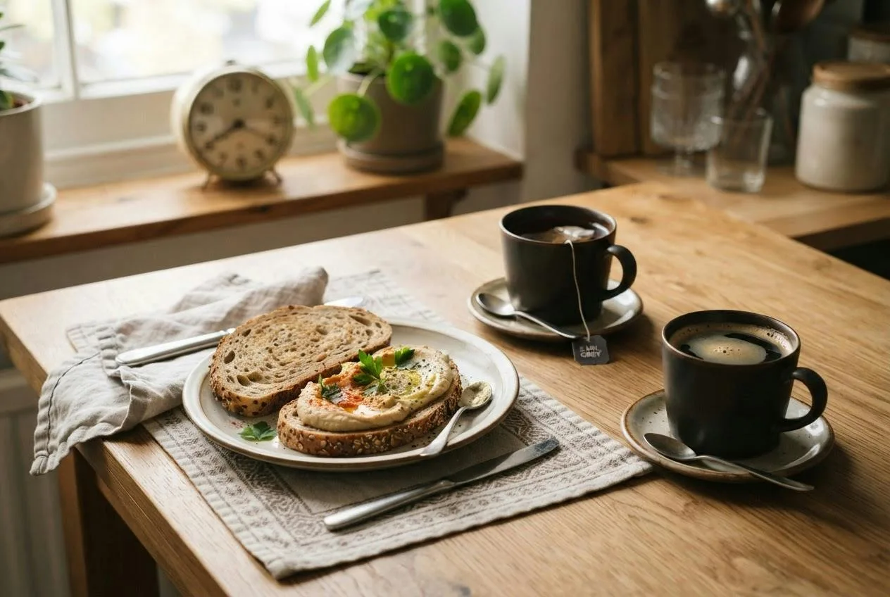 Kop thee en kop koffie op afstand van een bord volkorenbrood met hummus