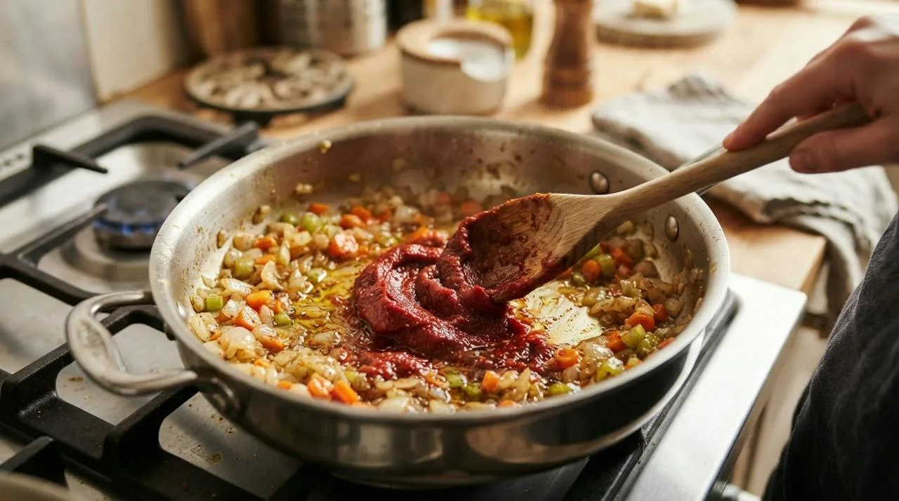 Diepe rvs-hapjespan met zachte, glazige blokjes ui, wortel en selderij, waar een lepel tomatenpuree doorheen wordt geroerd die donkerder rood kleurt