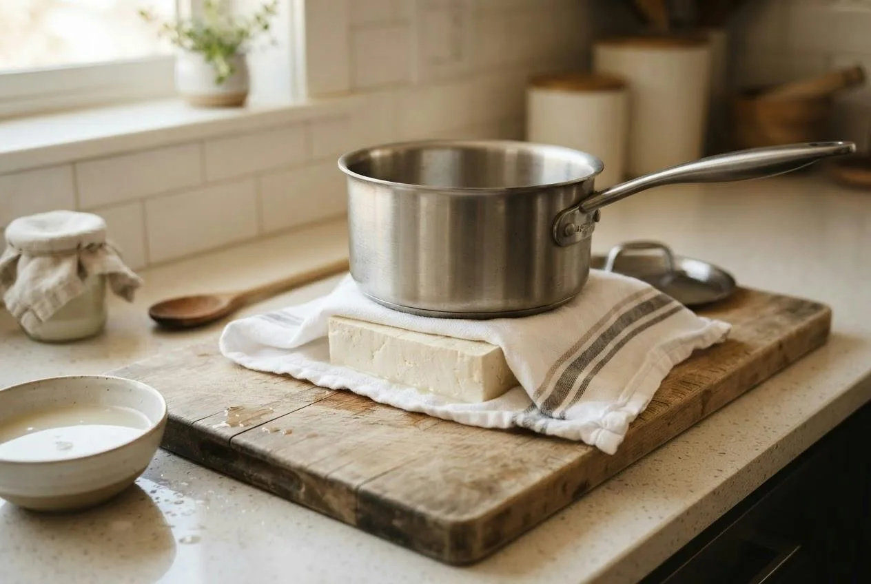 Blok tofu in een gestreepte theedoek op een snijplank met een zware rvs-pan erop als gewicht