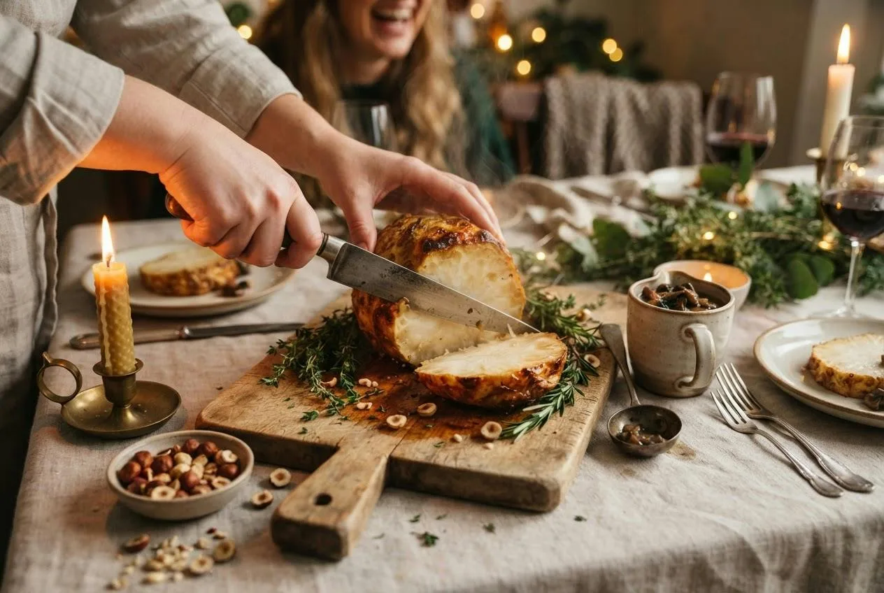 Geroosterde knolselderij wordt aan tafel in dikke plakken gesneden, met paddenstoelensaus en kaarsen