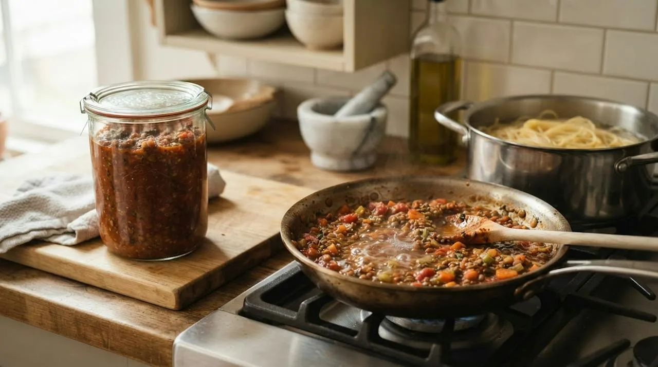 Glazen pot met dikke linzenbolognese op een aanrecht, naast een koekenpan waarin een portie saus wordt opgewarmd met een scheutje water en een pan vers gekookte spaghetti