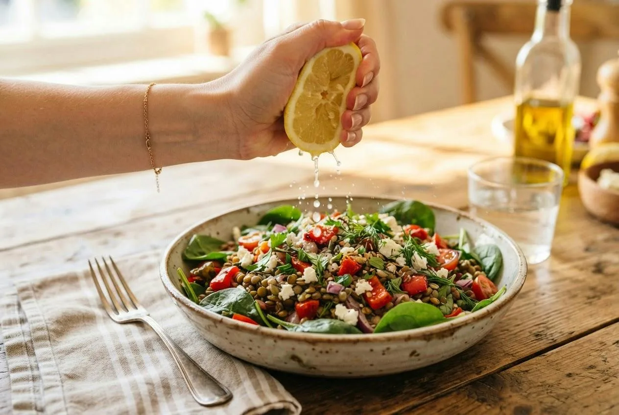 Hand knijpt citroen uit boven een salade van linzen, spinazie en rode paprika