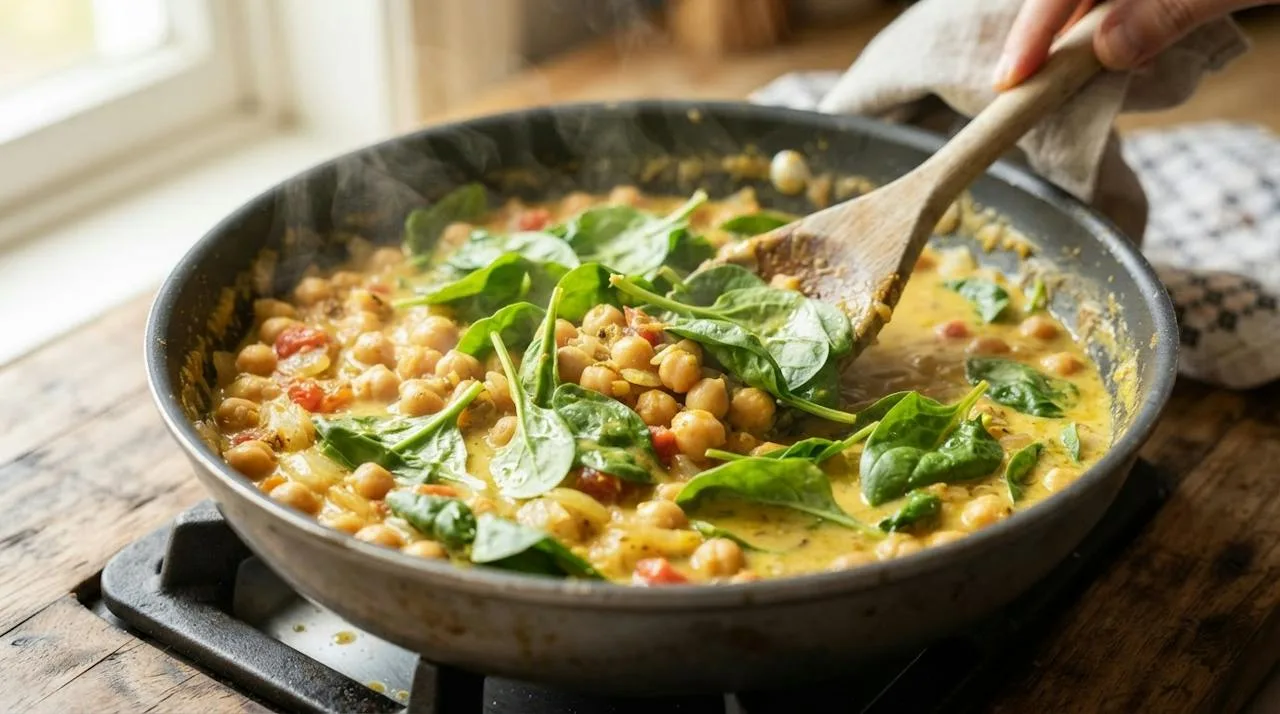 Close-up van romige gele kikkererwtencurry in de pan met net geslonken, nog heldergroene spinazieblaadjes die met een houten lepel worden doorgeroerd