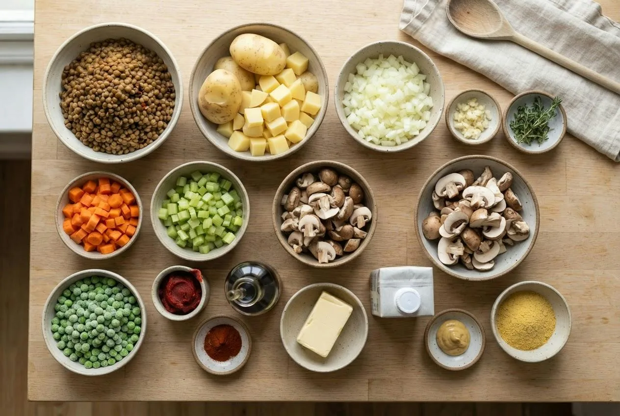 Ingrediënten voor vegan linzen-cottage pie in schaaltjes: linzen, aardappels, ui, wortel, selderij, champignons, doperwten, kruiden en sauzen
